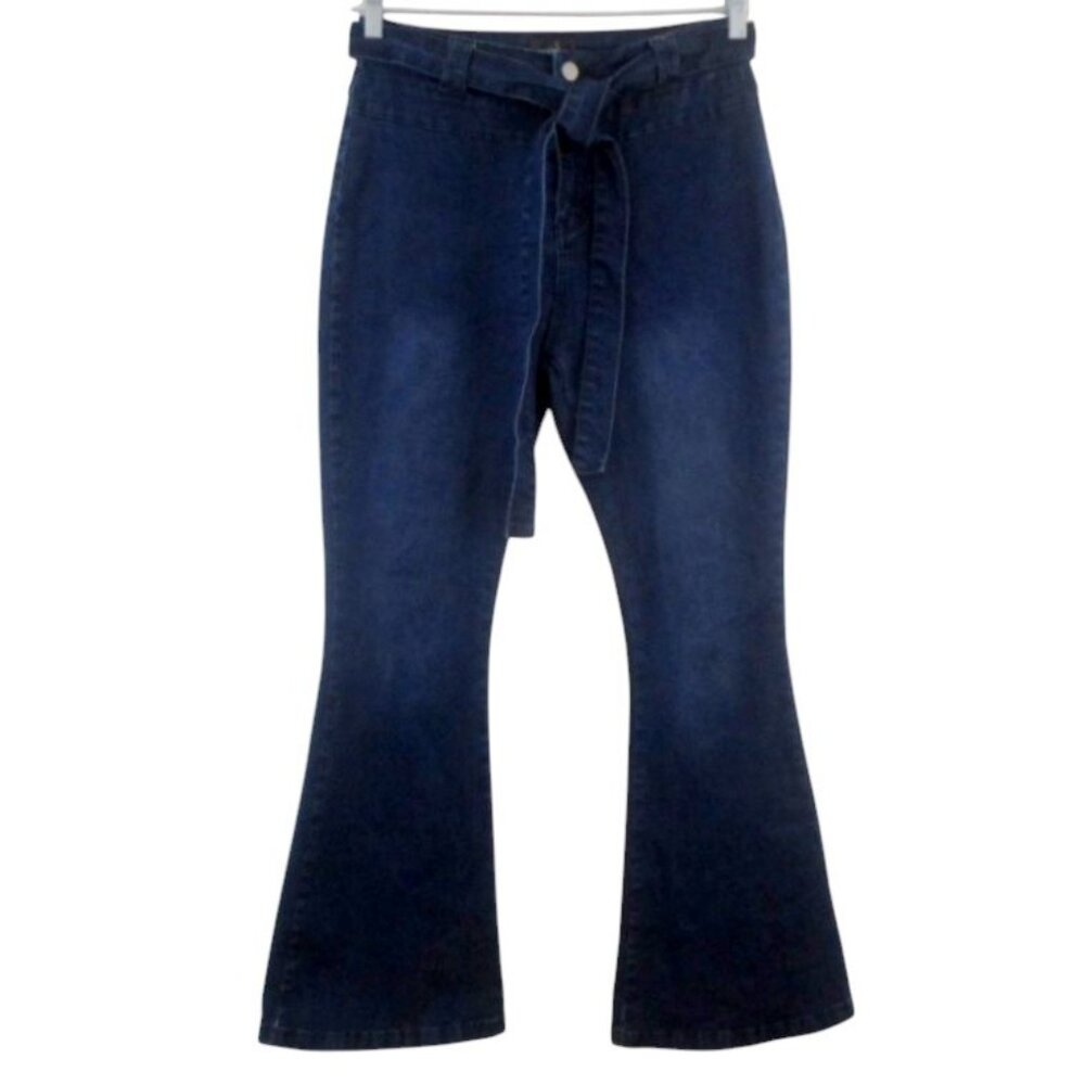 Pantete High Rise Flare Bell Bottom Blue Jeans Dark Wash Belted